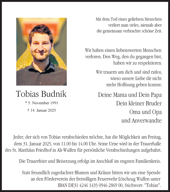 Traueranzeige von Tobias Budnik von Ruhr Nachrichten und Dorstener Zeitung