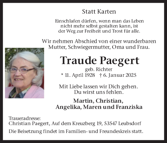 Traueranzeige von Traude Paegert von Hellweger Anzeiger