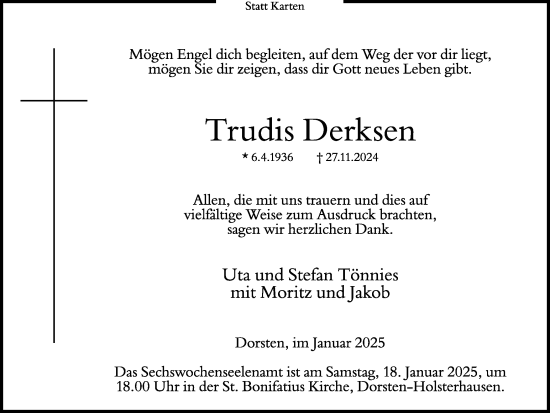 Traueranzeige von Trudis Derksen von Ruhr Nachrichten und Dorstener Zeitung