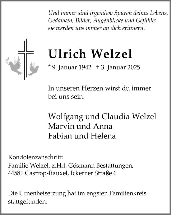 Traueranzeige von Ulrich Welzel von Stadtanzeiger Castrop-Rauxel