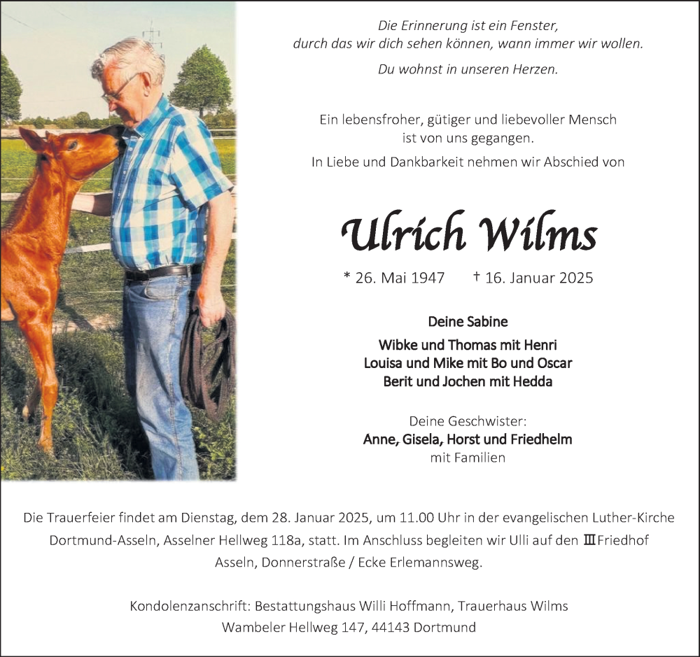  Traueranzeige für Ulrich Wilms vom 23.01.2025 aus Ruhr Nachrichten