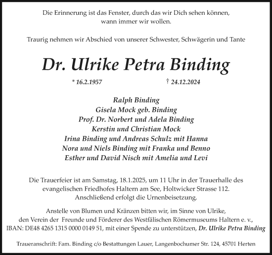 Traueranzeige von Ulrike Petra Binding von Ruhr Nachrichten und Halterner Zeitung