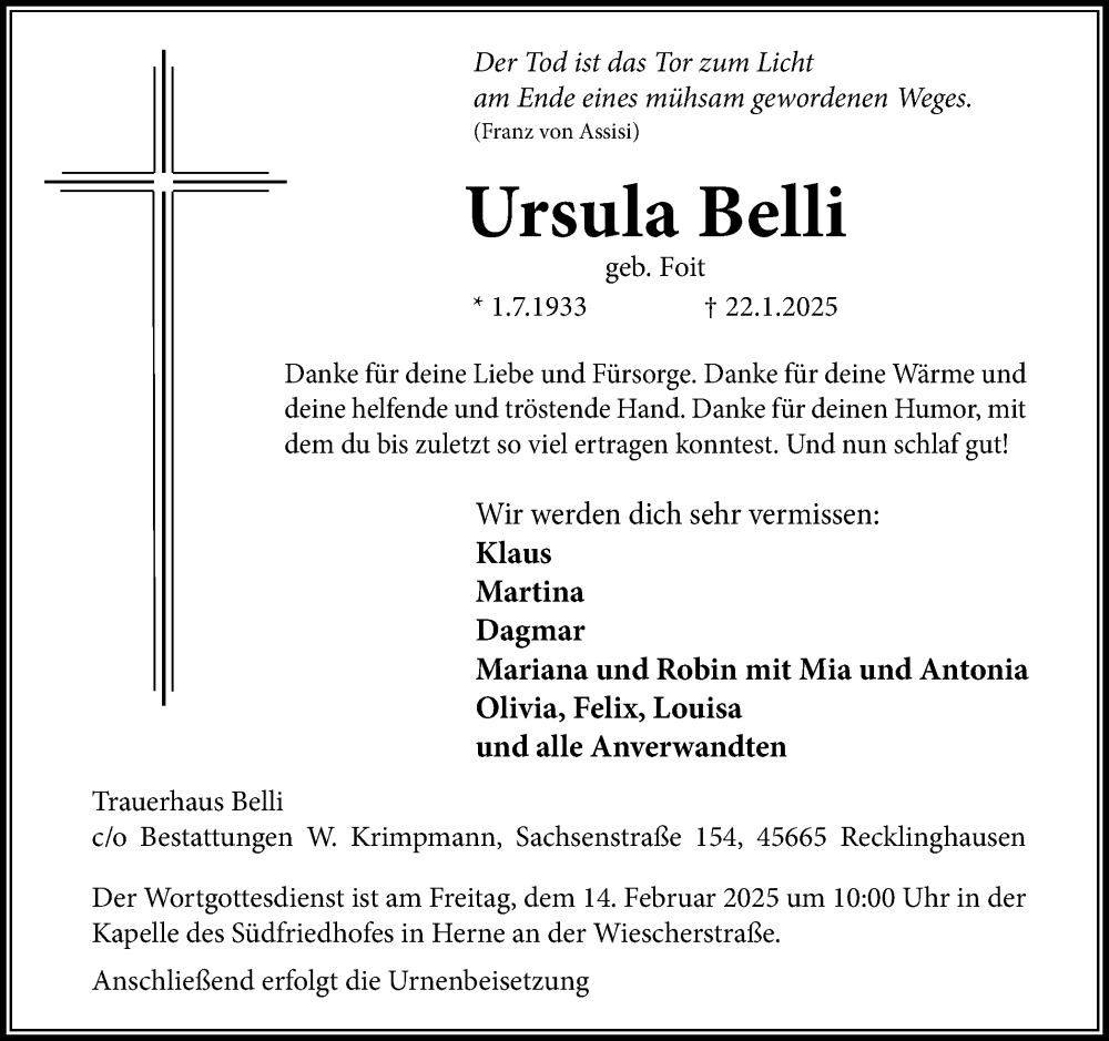  Traueranzeige für Ursula Belli vom 01.02.2025 aus Trauer Vest