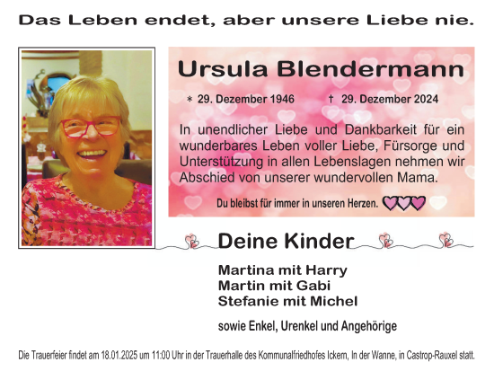 Traueranzeige von Ursula Blendermann von Stadtanzeiger Castrop-Rauxel