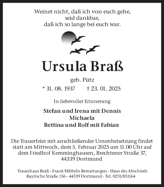 Traueranzeige von Ursula Braß von Ruhr Nachrichten