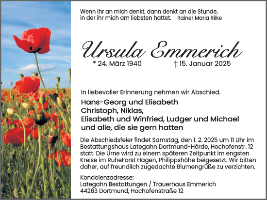 Traueranzeige von Ursula Emmerich von Ruhr Nachrichten