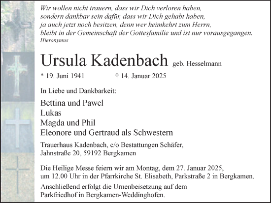 Traueranzeige von Ursula Kadenbach von Hellweger Anzeiger