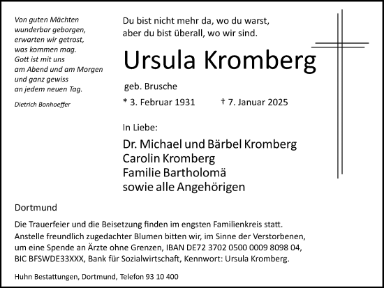 Traueranzeige von Ursula Kromberg von Ruhr Nachrichten