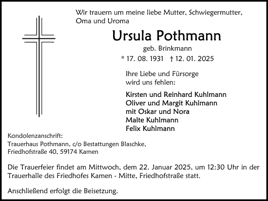 Traueranzeige von Ursula Pothmann von Hellweger Anzeiger