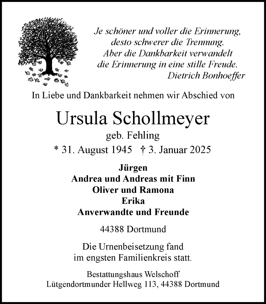  Traueranzeige für Ursula Schollmeyer vom 18.01.2025 aus Ruhr Nachrichten