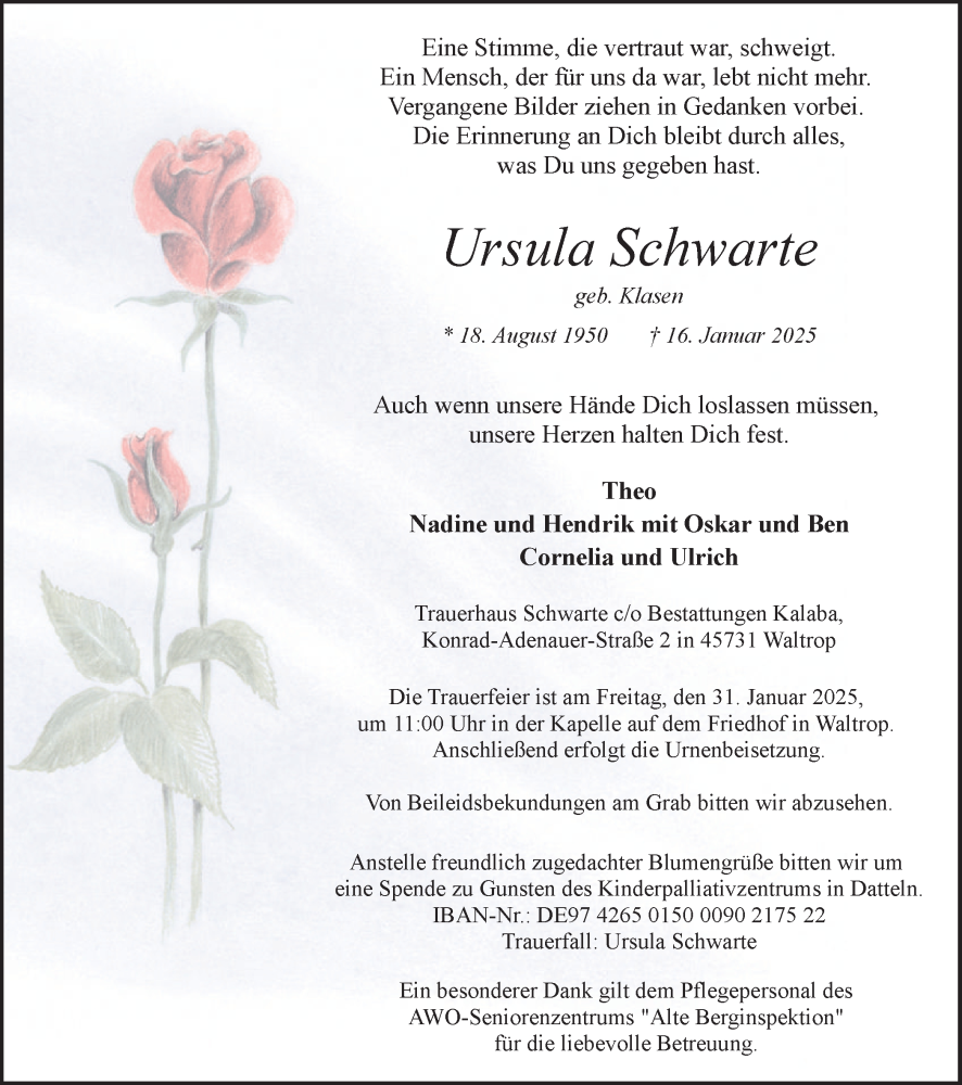  Traueranzeige für Ursula Schwarte vom 25.01.2025 aus Trauer Vest