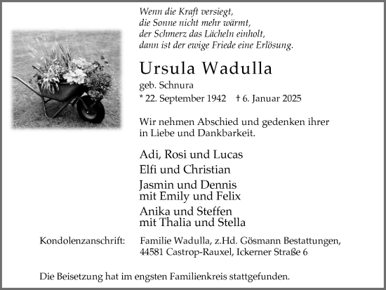 Traueranzeige von Ursula Wadulla von Stadtanzeiger Castrop-Rauxel