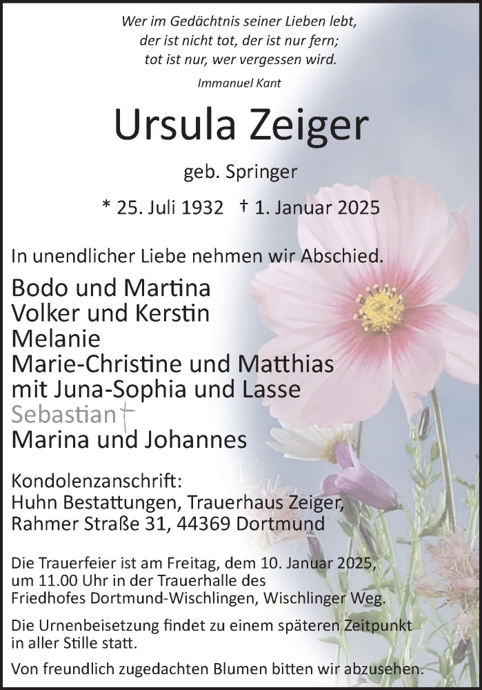  Traueranzeige für Ursula Zeiger vom 04.01.2025 aus Ruhr Nachrichten