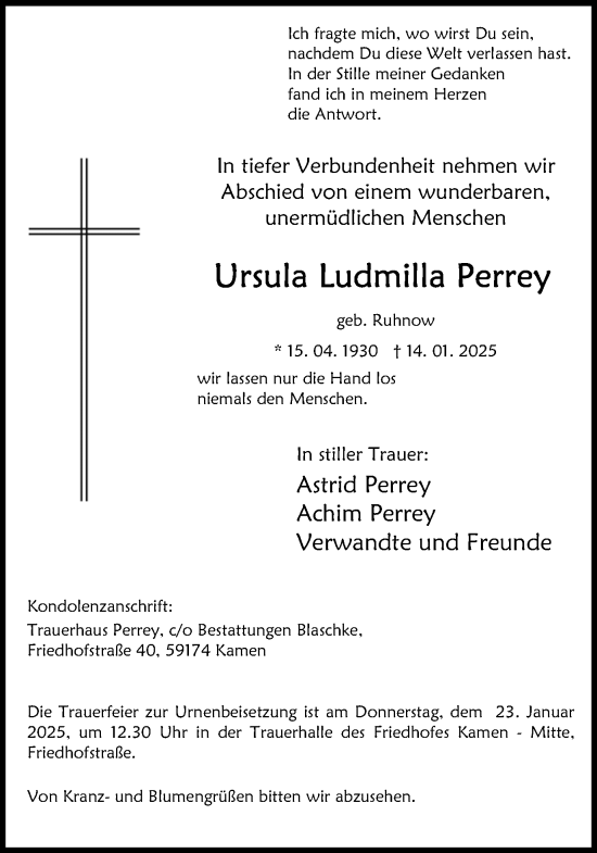 Traueranzeige von Ursula Ludmilla Perrey von Hellweger Anzeiger