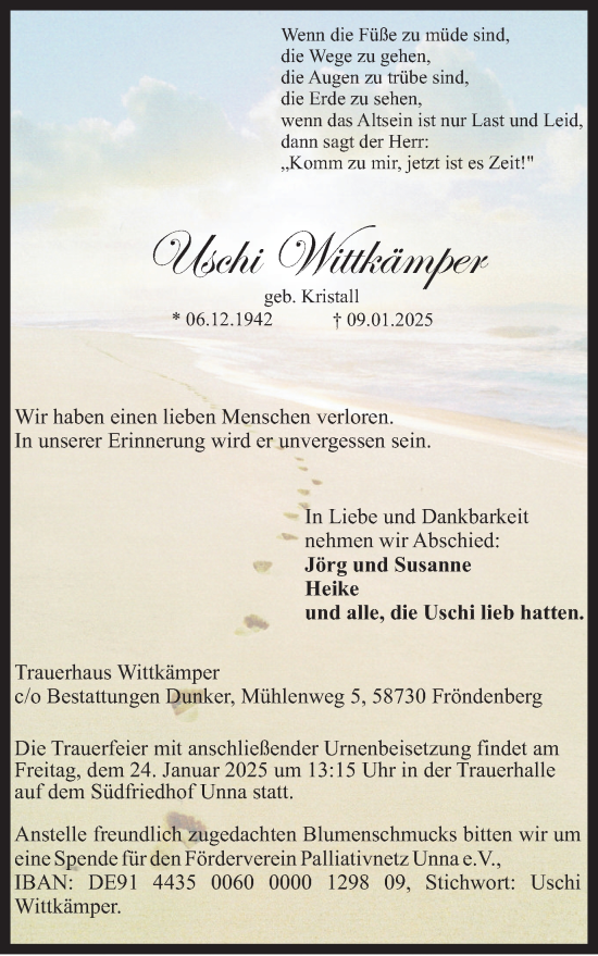 Traueranzeige von Uschi Wittkämper von Hellweger Anzeiger