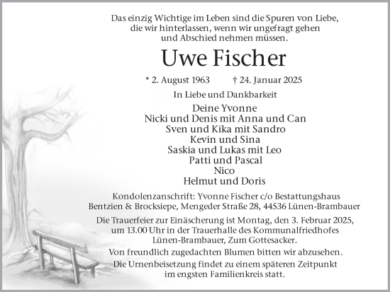Traueranzeige von Uwe Fischer von Lüner Anzeiger