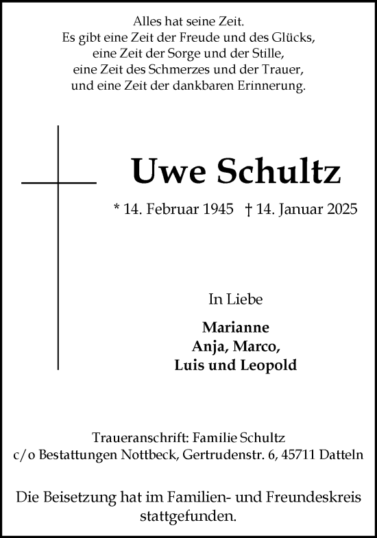 Traueranzeige von Uwe Schultz von Trauer Vest