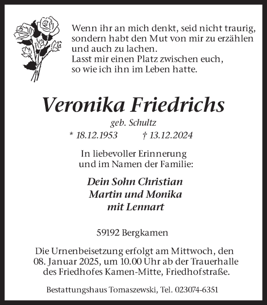 Traueranzeige von Veronika Friedrichs von Hellweger Anzeiger