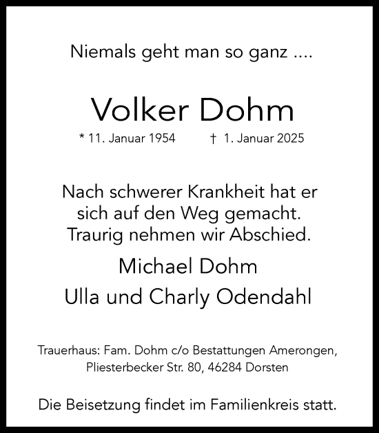 Traueranzeige von Volker Dohm von Ruhr Nachrichten und Dorstener Zeitung