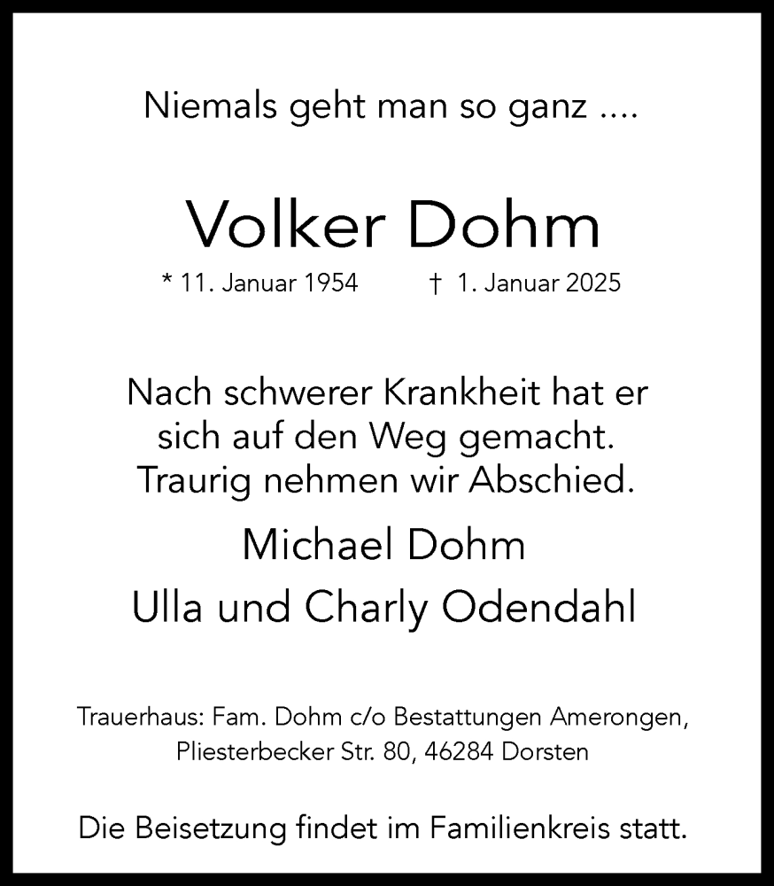  Traueranzeige für Volker Dohm vom 11.01.2025 aus Ruhr Nachrichten und Dorstener Zeitung