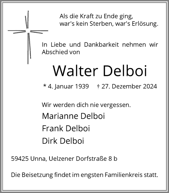 Traueranzeige von Walter Delboi von Hellweger Anzeiger