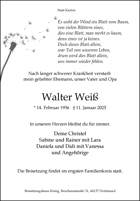 Traueranzeige von Walter Weiß von Ruhr Nachrichten
