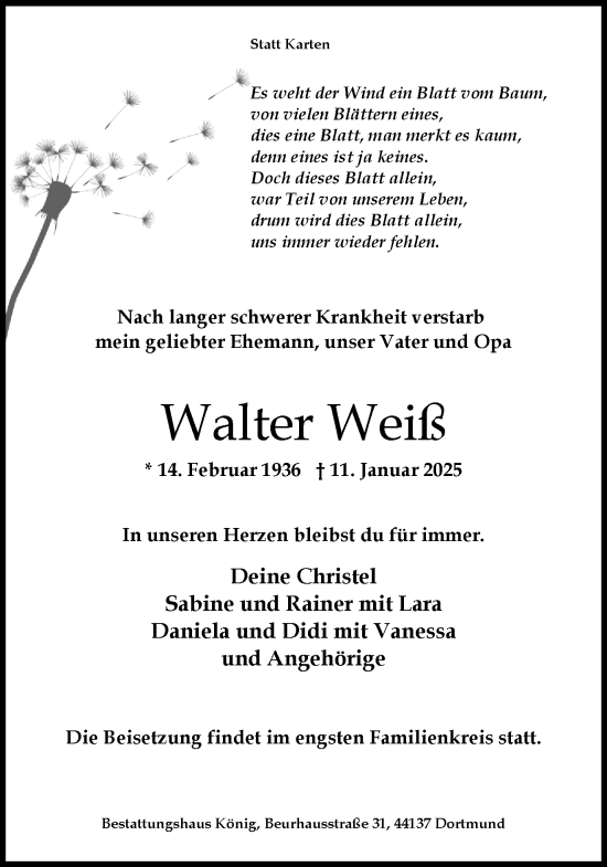 Traueranzeige von Walter Weiß von Ruhr Nachrichten