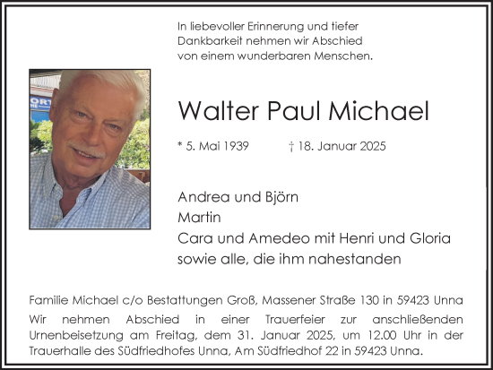 Traueranzeige von Walter Paul Michael von Hellweger Anzeiger