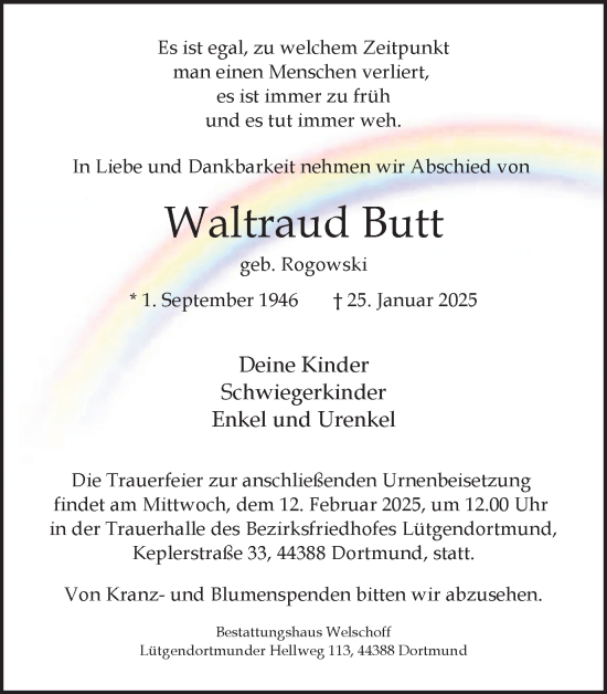 Traueranzeige von Waltraud Butt von Ruhr Nachrichten
