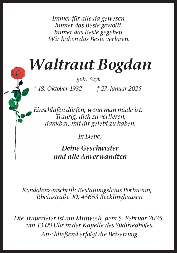  Traueranzeige für Waltraut Bogdan vom 01.02.2025 aus Trauer Vest