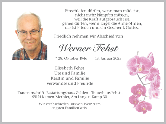 Traueranzeige von Werner Fehst von Hellweger Anzeiger