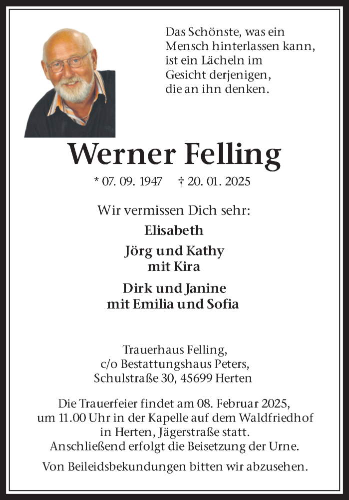  Traueranzeige für Werner Felling vom 01.02.2025 aus Trauer Vest