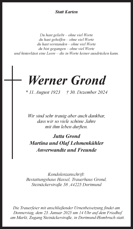 Traueranzeige von Werner Grond von Ruhr Nachrichten