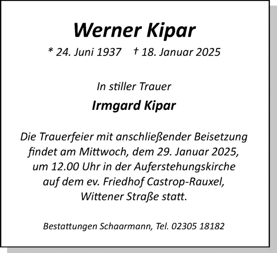 Traueranzeige von Werner Kipar von Stadtanzeiger Castrop-Rauxel