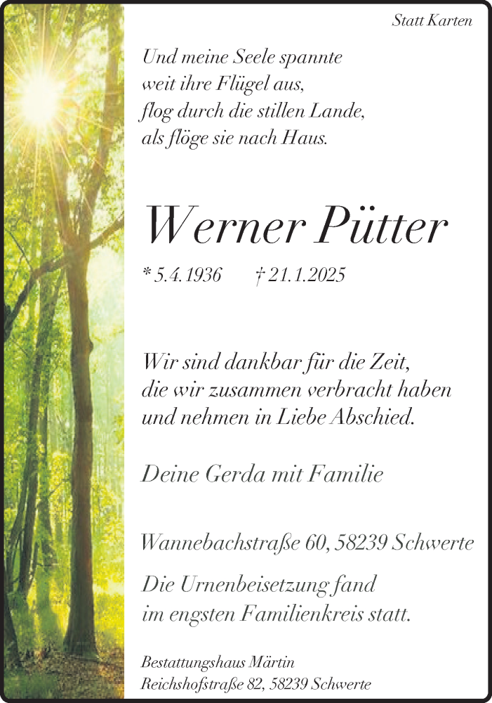  Traueranzeige für Werner Pütter vom 01.02.2025 aus Ruhr Nachrichten