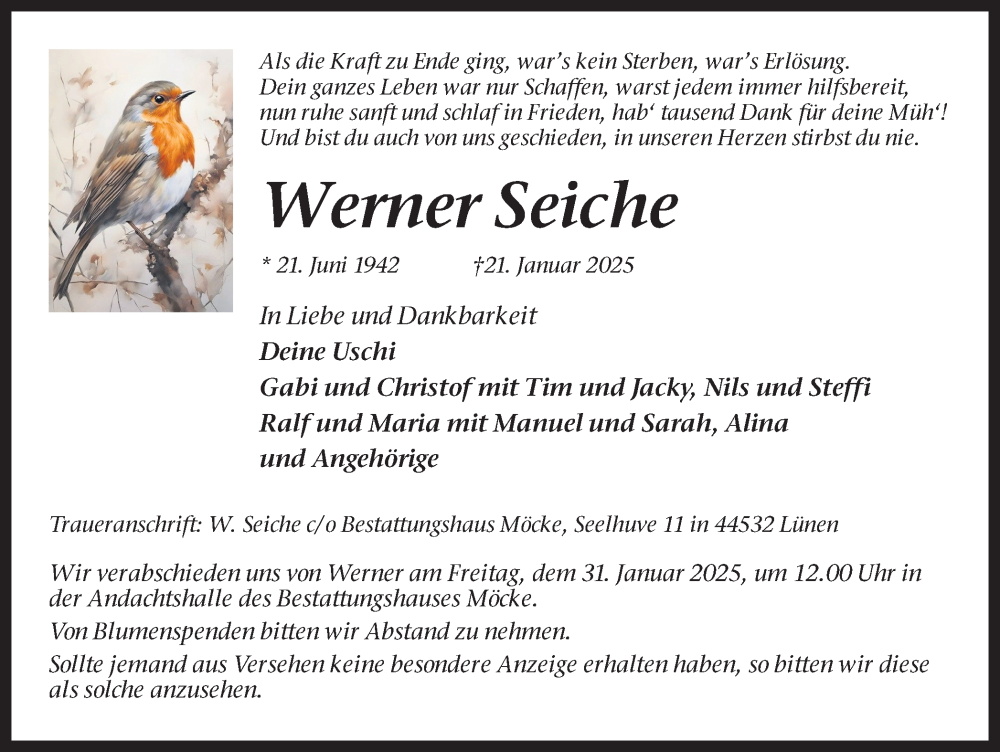  Traueranzeige für Werner Seiche vom 25.01.2025 aus Lüner Anzeiger