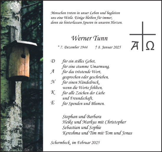 Traueranzeige von Werner Tunn von Ruhr Nachrichten und Dorstener Zeitung