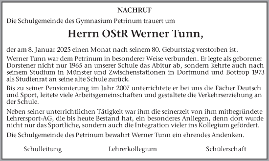 Traueranzeige von Werner Tunn von Ruhr Nachrichten und Dorstener Zeitung