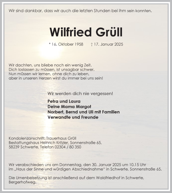 Traueranzeige von Wilfried Grüll von Ruhr Nachrichten