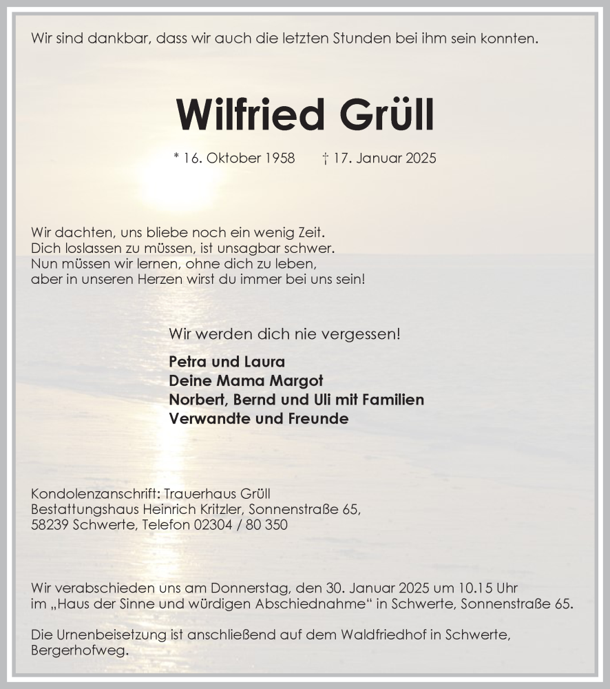  Traueranzeige für Wilfried Grüll vom 25.01.2025 aus Ruhr Nachrichten