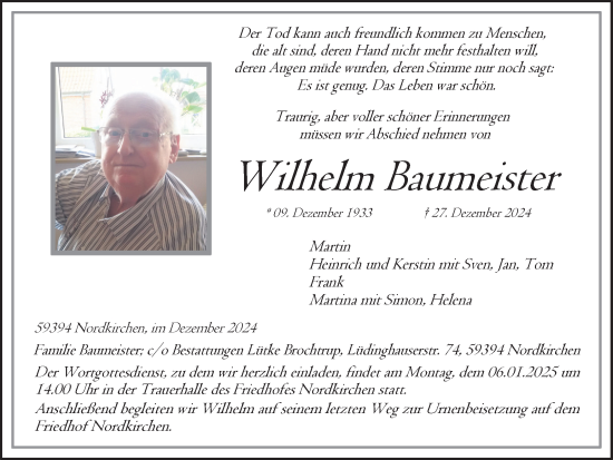 Traueranzeige von Wilhelm Baumeister von Ruhr Nachrichten