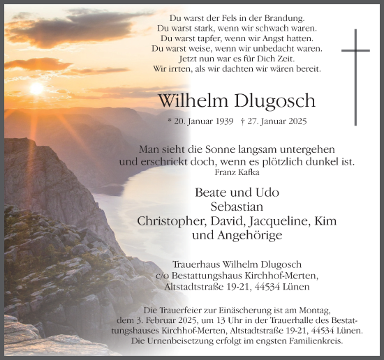 Traueranzeige von Wilhelm Dlugosch von Lüner Anzeiger