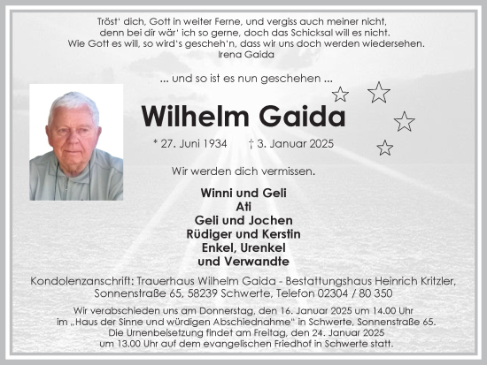 Traueranzeige von Wilhelm Gaida von Ruhr Nachrichten