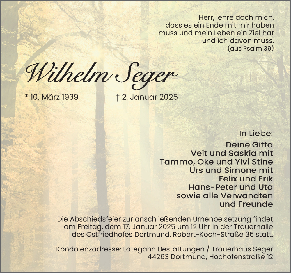  Traueranzeige für Wilhelm Seger vom 11.01.2025 aus Ruhr Nachrichten