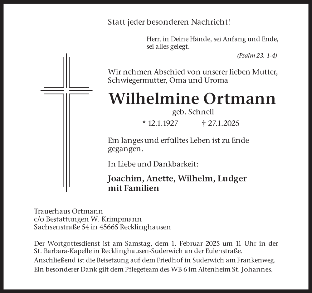  Traueranzeige für Wilhelmine Ortmann vom 29.01.2025 aus Trauer Vest