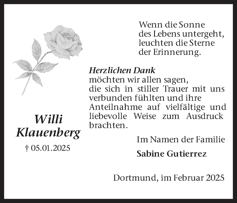 Traueranzeige für Willi Klauenberg vom 01.02.2025 aus Ruhr Nachrichten