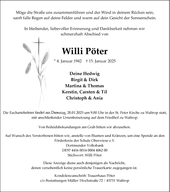 Traueranzeige von Willi Pöter von Trauer Vest