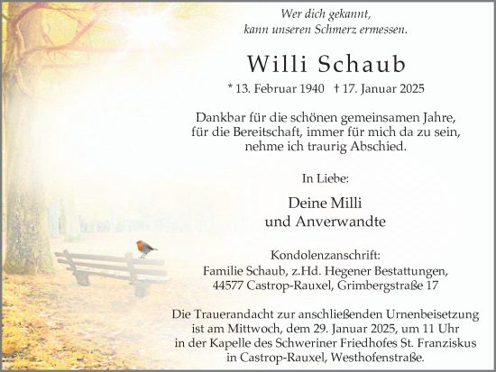 Traueranzeige von Willi Schaub von Stadtanzeiger Castrop-Rauxel