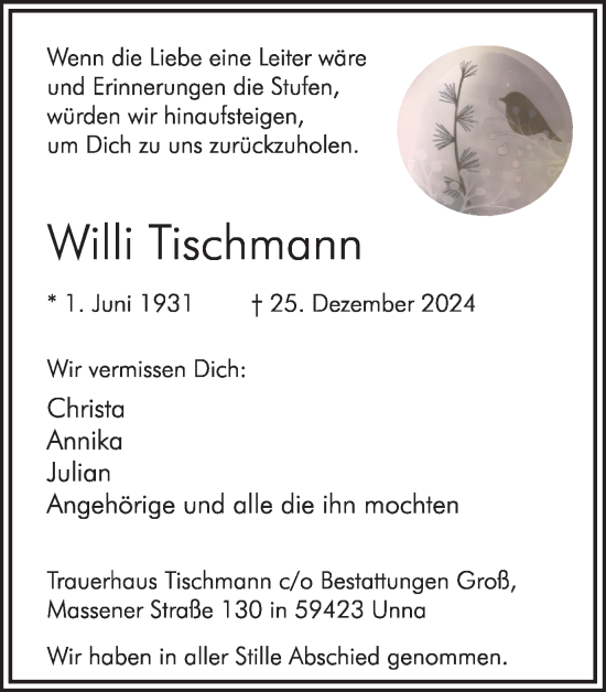 Traueranzeige von Willi Tischmann von Hellweger Anzeiger