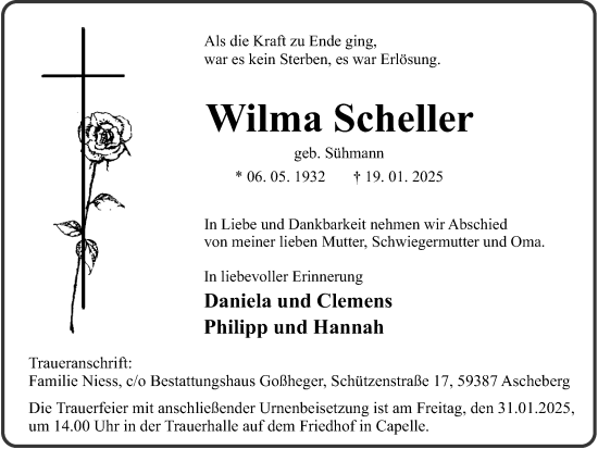 Traueranzeige von Wilma Scheller von Ruhr Nachrichten
